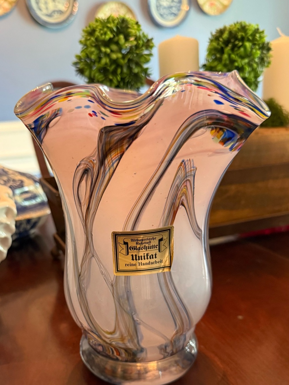Vintage 1950’s German Colorful Swirl Handblown Ruffled Art Glass Vase-8”x6.5”
